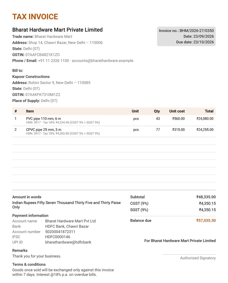 A tax invoice made with GlobalInvoice: seller and buyer details with tax IDs, item lines with HSN codes, CGST and SGST, amount in words, bank details and signature.